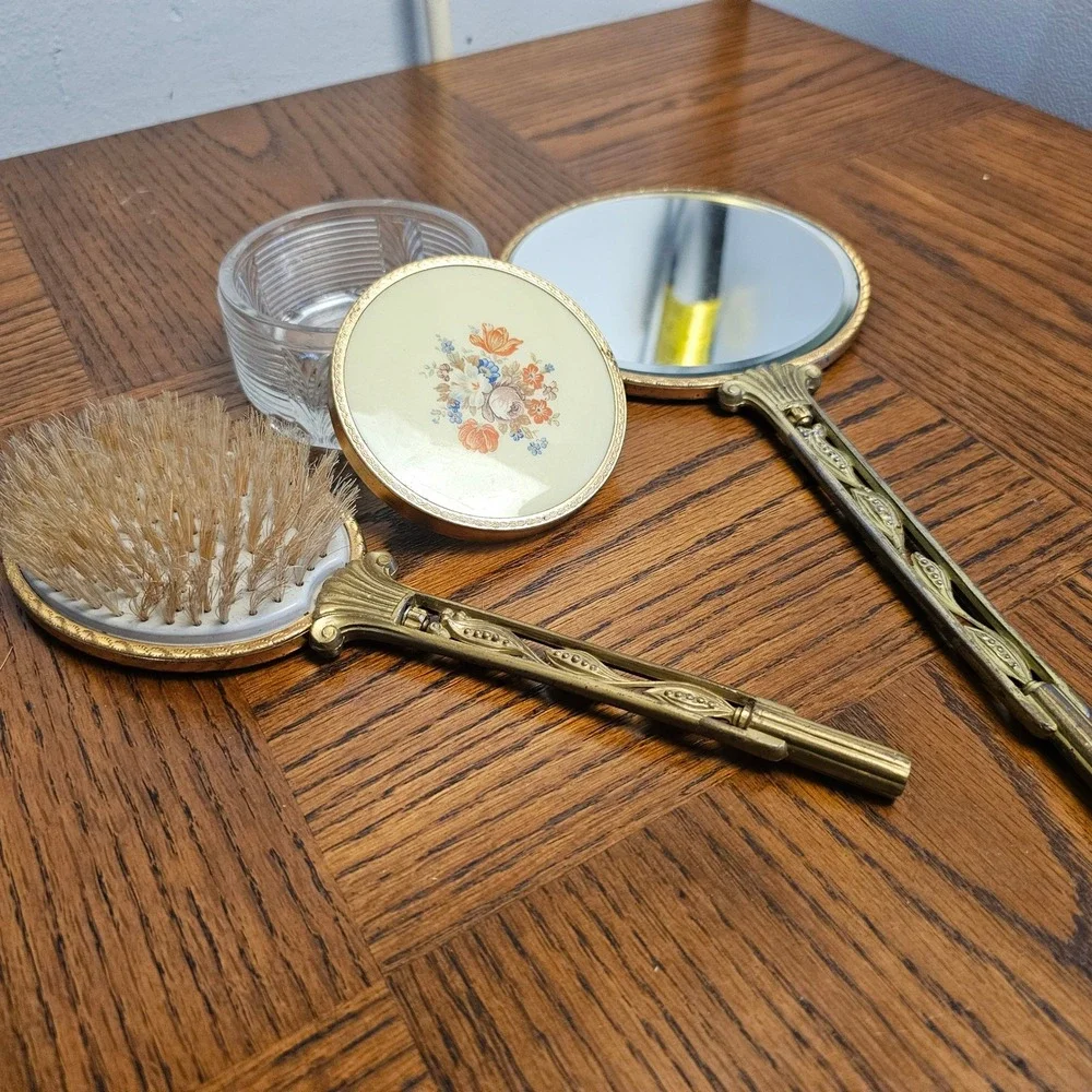 Vintage 3pc Vanity Set Floral‎ Enamel Gold Filigree Mirror Brush Crystal Jar
